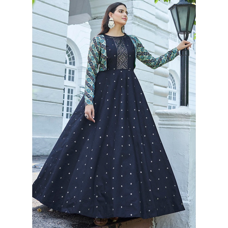Blue Cotton Long Dress With Attached Koti Jacket - JD986588683