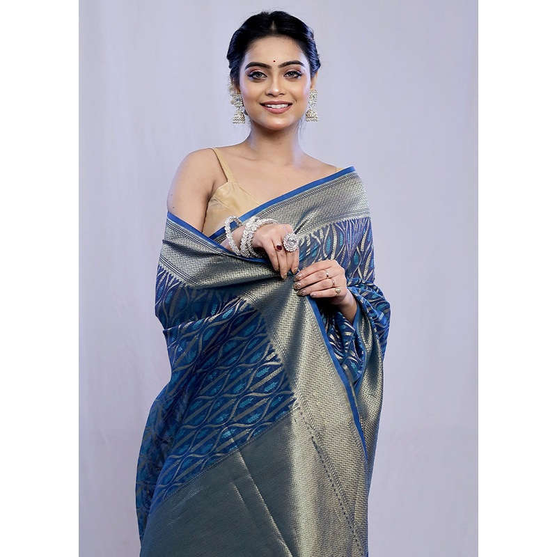 Blue Kora Silk Saree With Blouse Piece - JD986588767