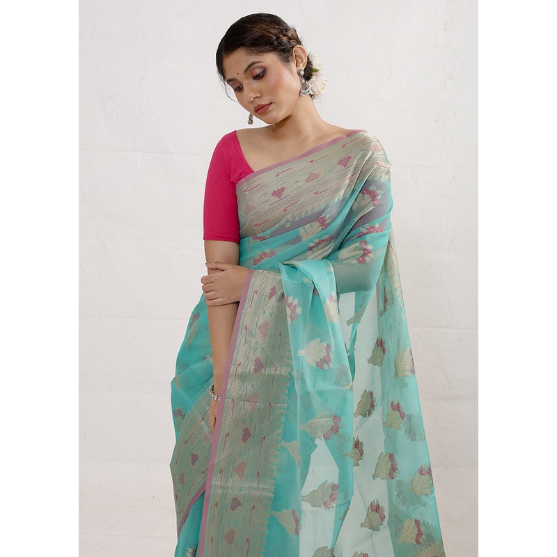 Blue Kora Silk Saree With Blouse Piece - JD986588815