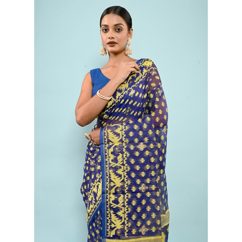 Blue Tant Jamdani  Saree Without Blouse Piece - JD986588775
