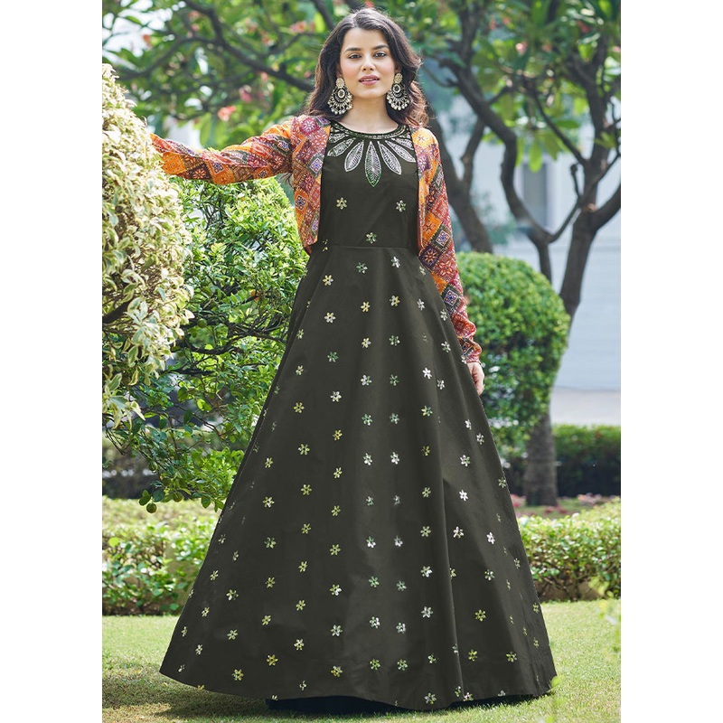 Brown Cotton Long Dress With Attached Koti Jacket - JD986588680