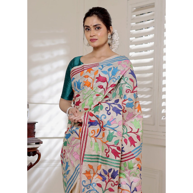 Cream Kantha Stitch Pure Silk Saree With Blouse Piece - JD986588779