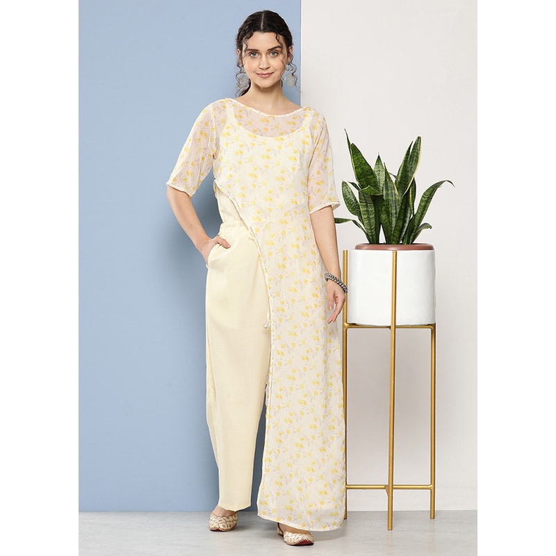 Cream Net Printed Jumpsuit Set - JD986588694