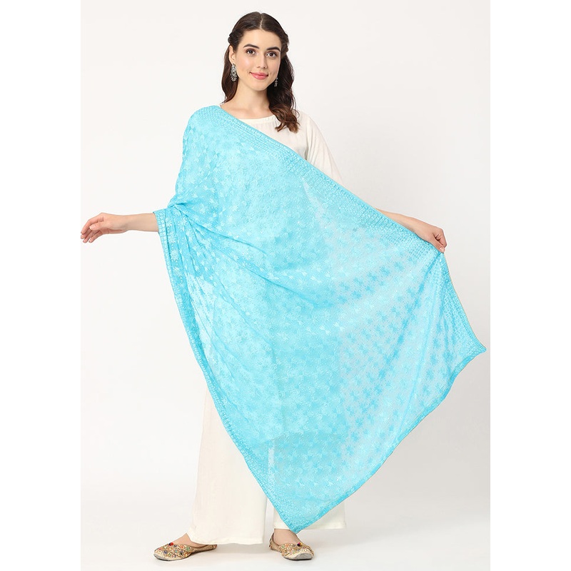 Dark Blue Chiffon Phulkari Embroidered Work Dupatta - JD986588862