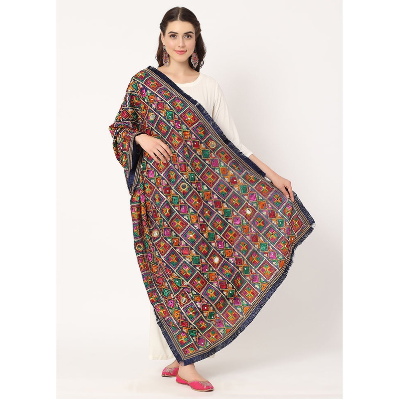 Dark Blue Chiffon Phulkari Embroidered Work Dupatta - JD986588863