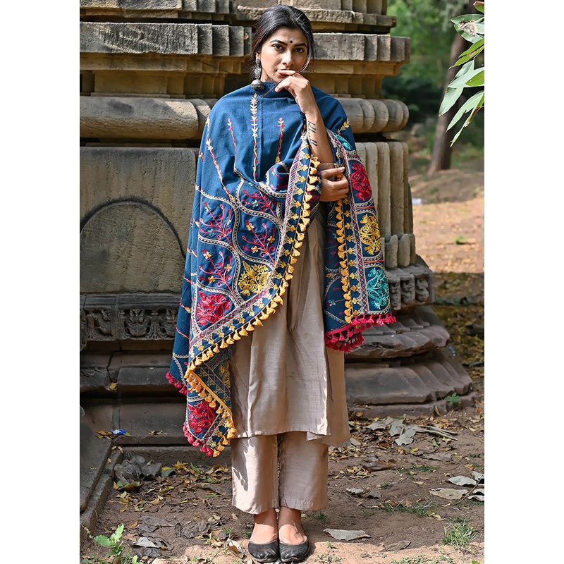 Dark Blue Cotton Dupatta - JD986588864