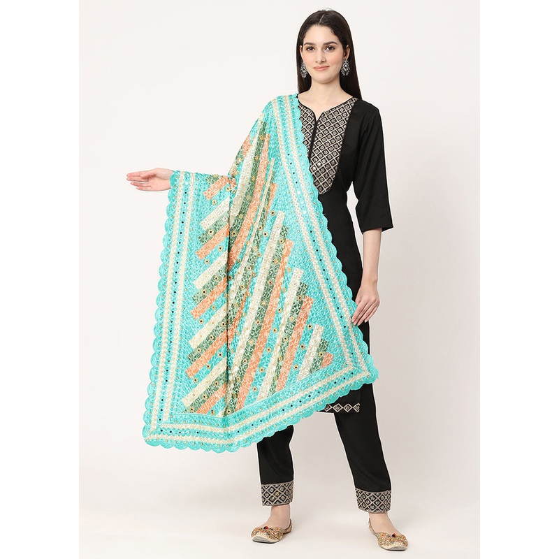 Green Chiffon Phulkari Embroidered Work Dupatta - JD986588868