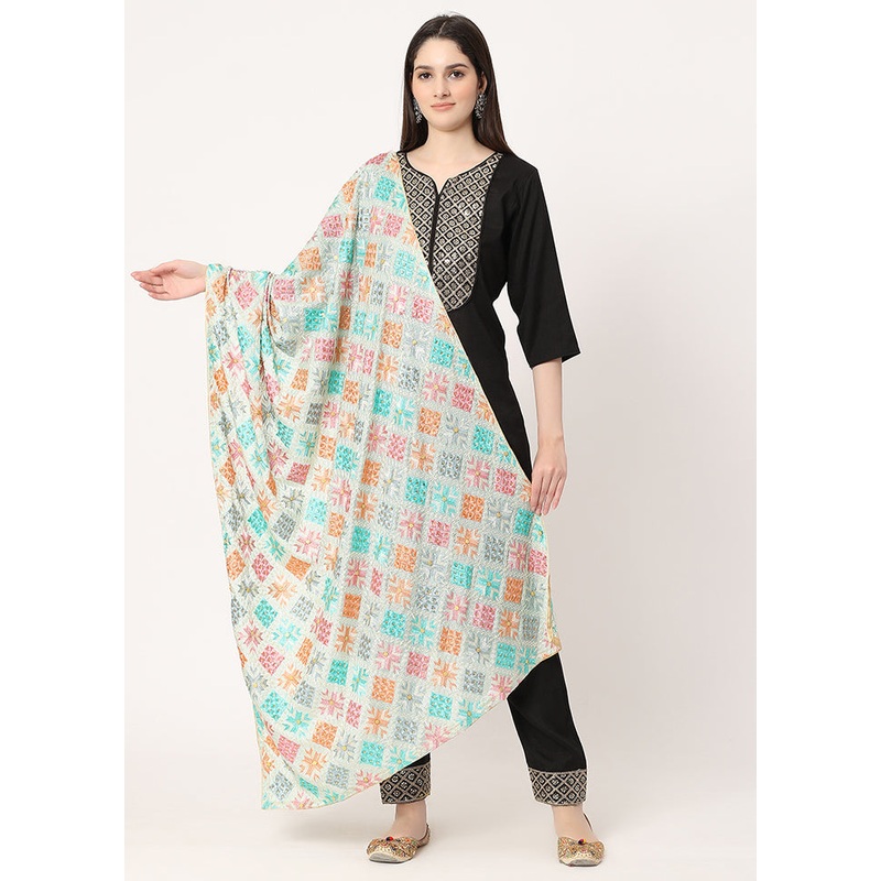 Green Chiffon Phulkari Embroidered Work Dupatta - JD986588870