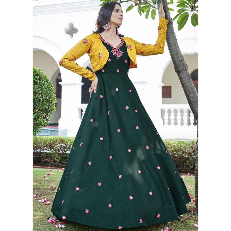 Green Cotton Long Dress With Attached Koti Jacket - JD986588679