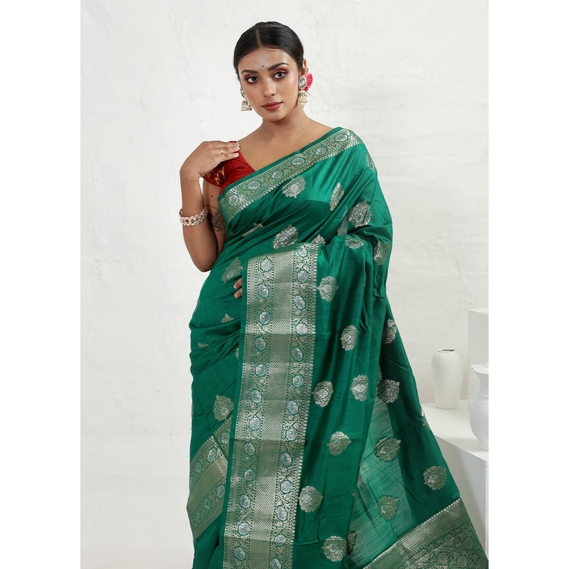 Green Dupion Silk Saree With Blouse Piece - JD986588828