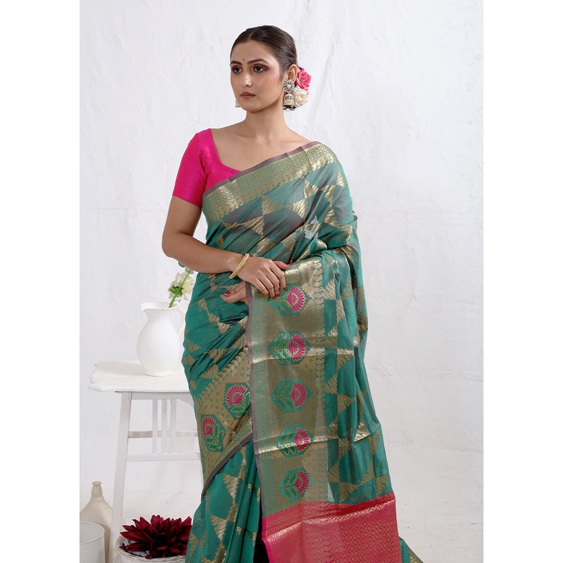 Green Kora Silk Saree With Blouse Piece - JD986588814
