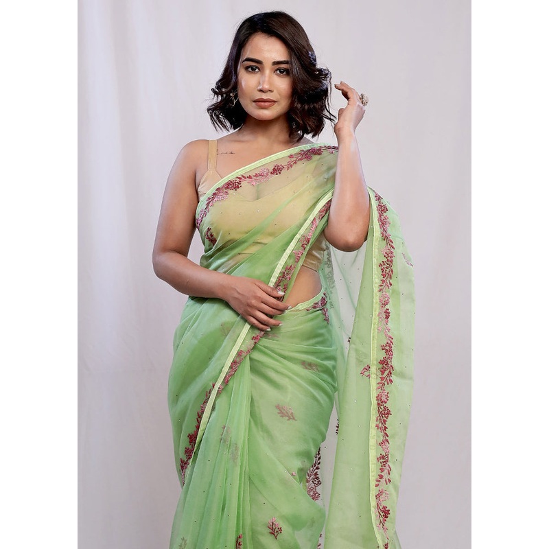 Green Organza Saree With Blouse Piece - JD986588760