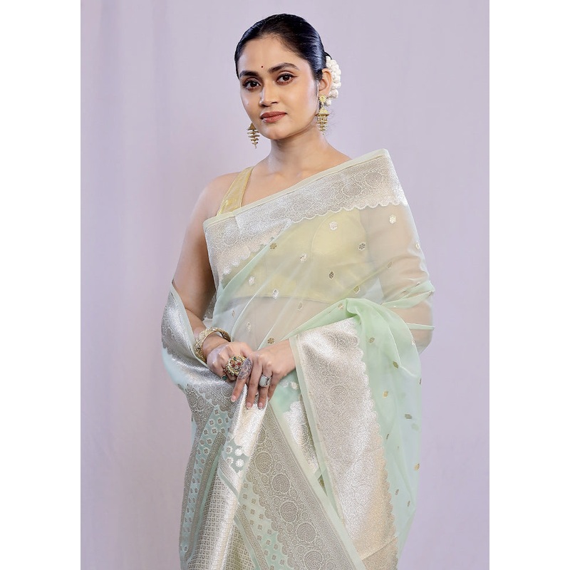 Green Organza Saree With Blouse Piece - JD986588761