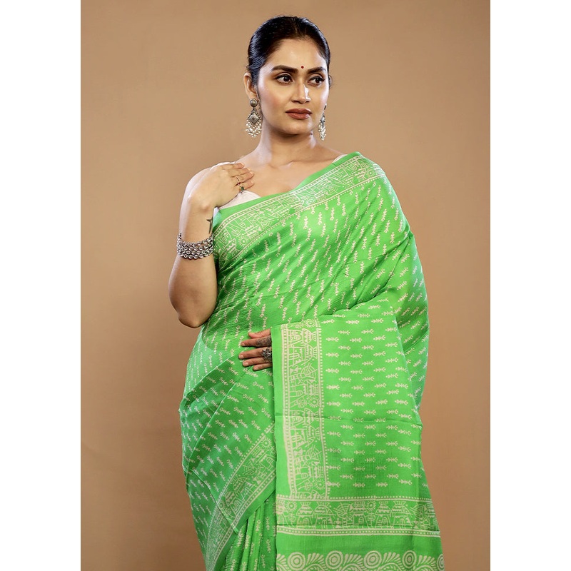 Green Printed Pure Silk Saree Without Blouse Piece - JD986588809