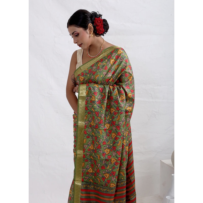 Green Printed Pure Silk Saree Without Blouse Piece - JD986588810