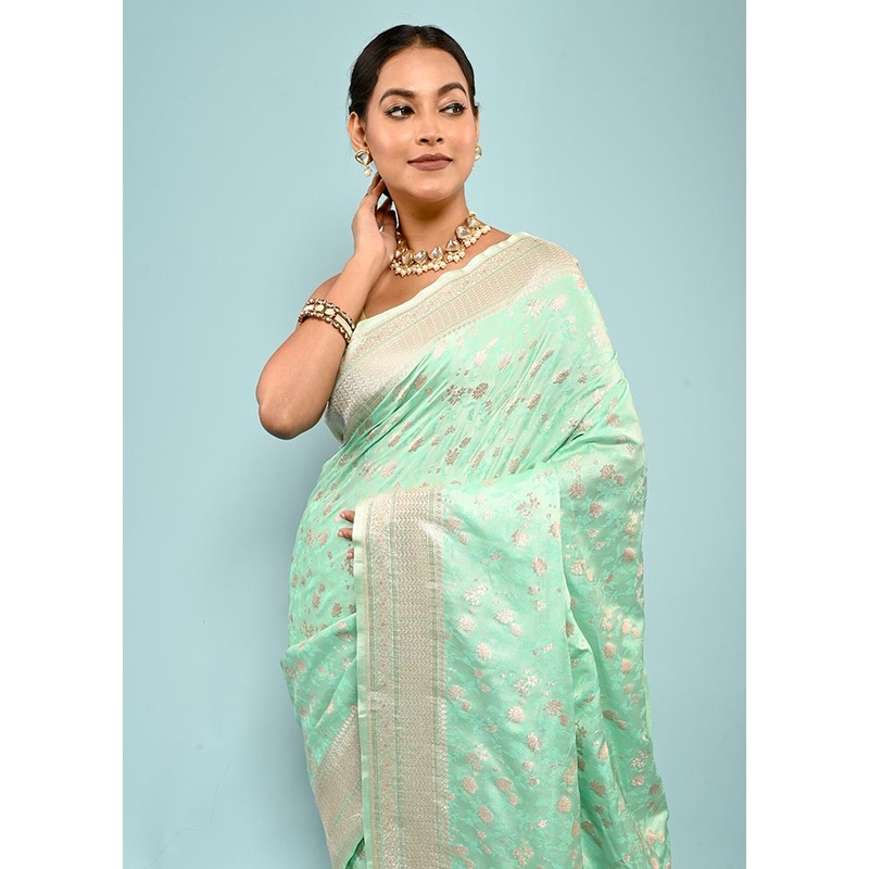 Green Tanchoi Banarasi Silk Saree With Blouse Piece - JD986588807