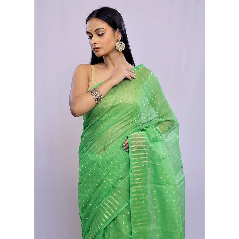 Green Tant Jamdani  Saree Without Blouse Piece - JD986588759