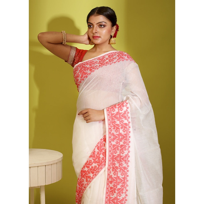 Green Tant Jamdani Saree Without Blouse Piece - JD986588806