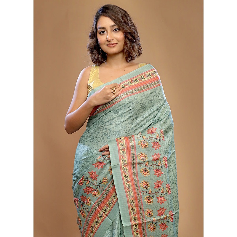 Green Tussar Pure Silk Saree With Blouse Piece - JD986588802