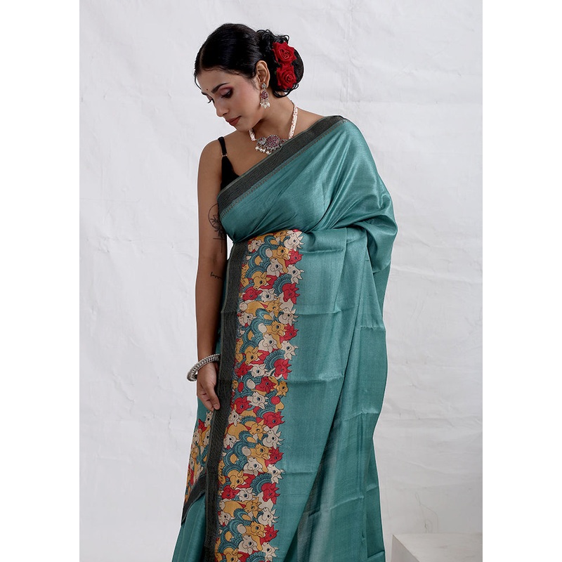 Green Tussar Pure Silk Saree With Blouse Piece - JD986588803
