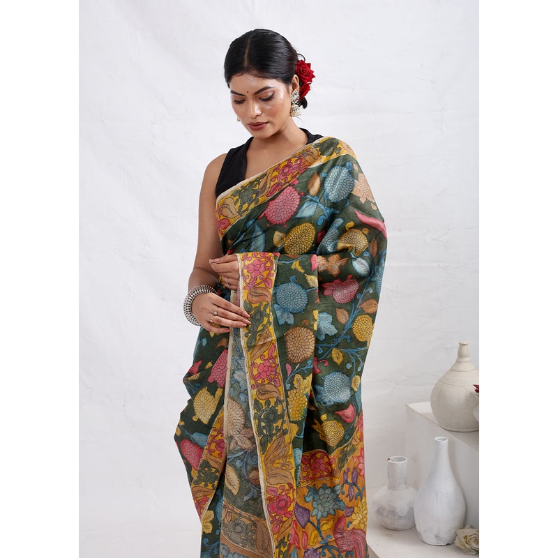 Green Tussar Pure Silk Saree With Blouse Piece - JD986588804