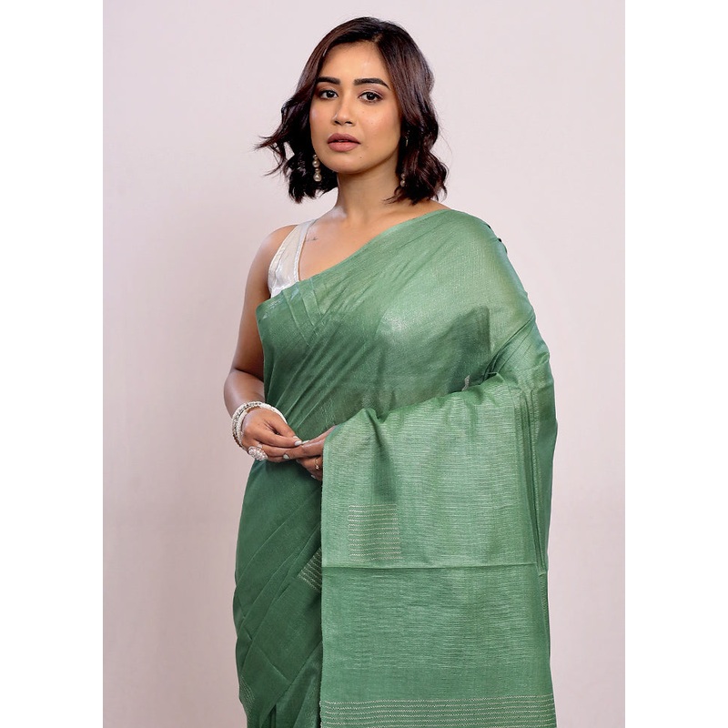Green Tussar Silk Saree With Blouse Piece - JD986588799