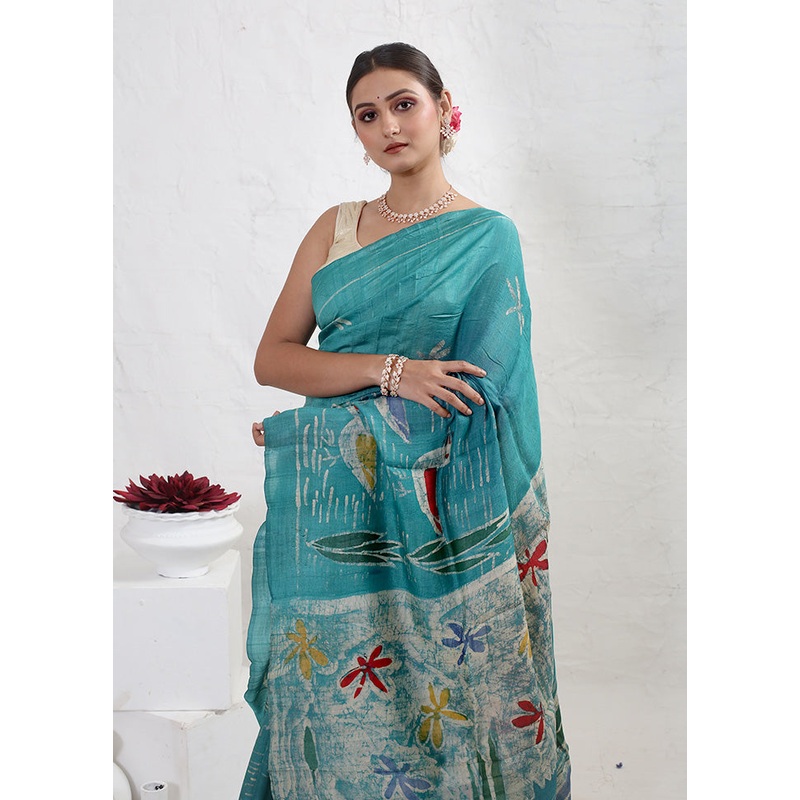 Green Tussar Silk Saree With Blouse Piece - JD986588800
