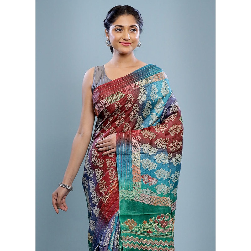 Green Tussar Silk Saree With Blouse Piece - JD986588801