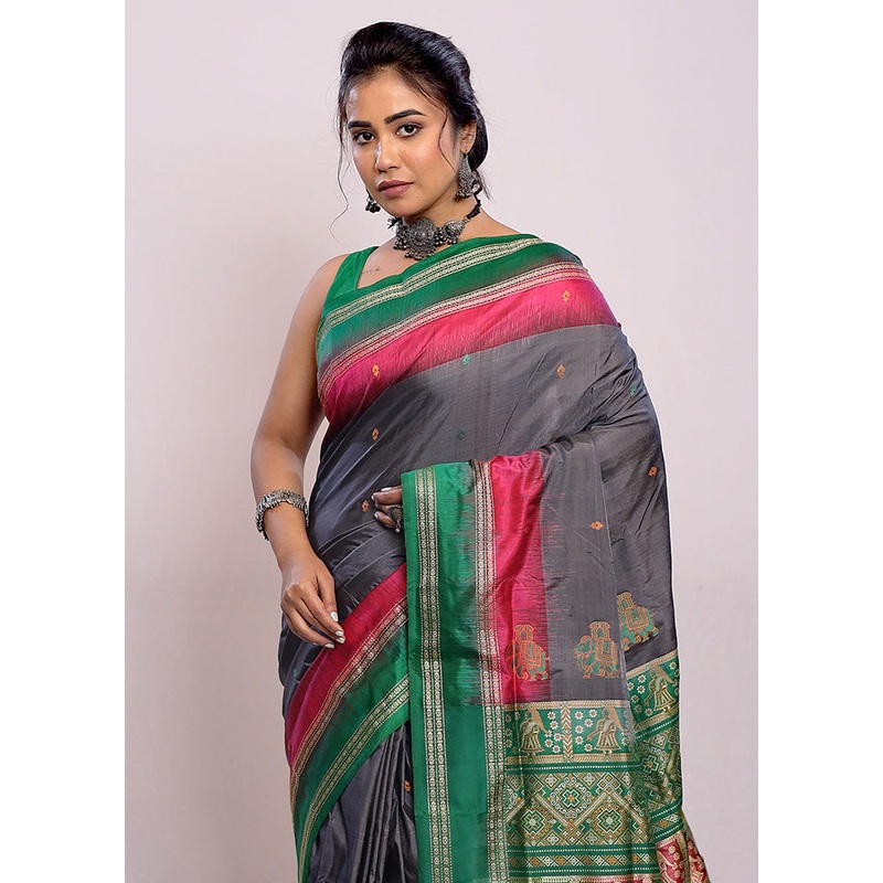 Grey Bomkai Pure Silk Saree With Blouse Piece - JD986588798