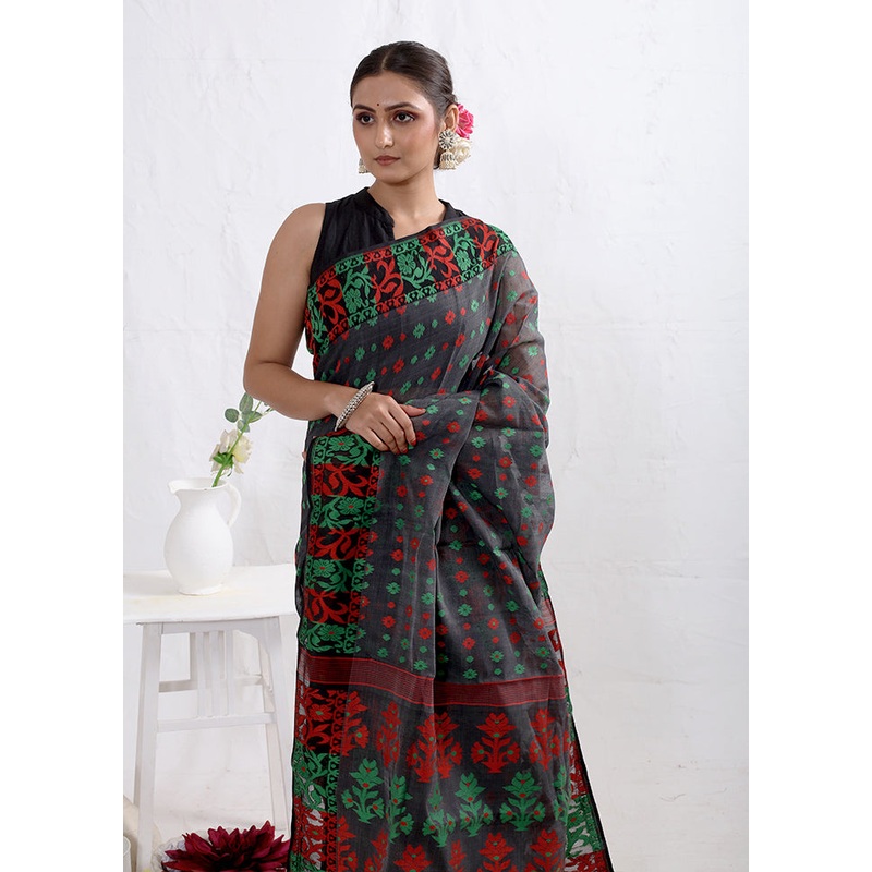 Grey Tant Jamdani  Saree Without Blouse Piece - JD986588773