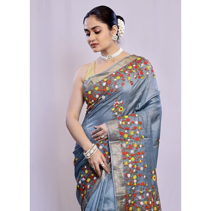 Grey Tussar Pure Silk Saree With Blouse Piece - JD986588758