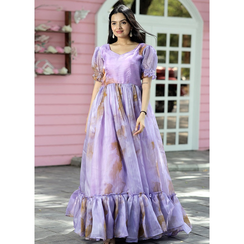 Lavender Printed Silk Gown - JD986588719