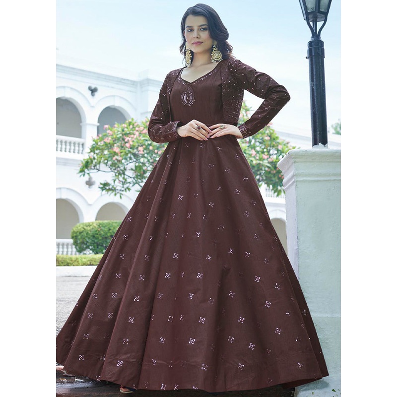 Maroon Cotton Long Dress With Attached Koti Jacket - JD986588682