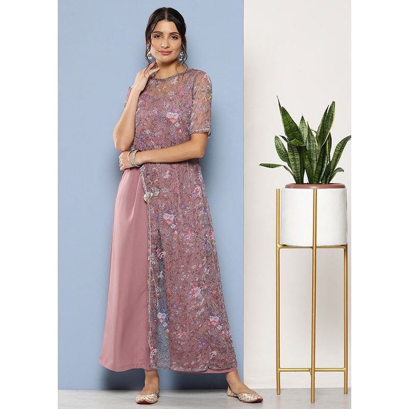 Mauve Net Printed Jumpsuit Set - JD986588693