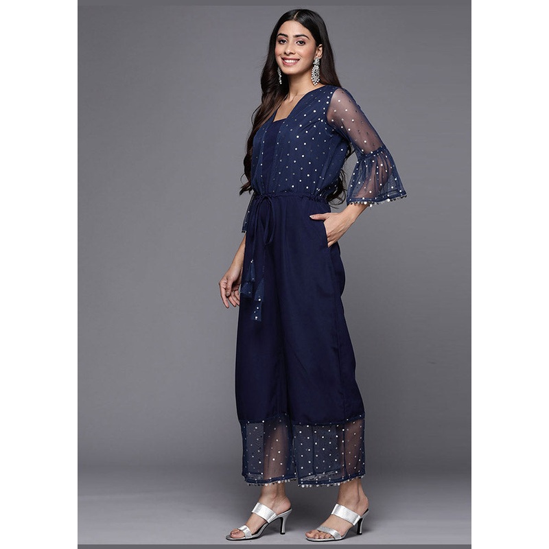 Navy Blue Net Printed Jumpsuit Set - JD986588697