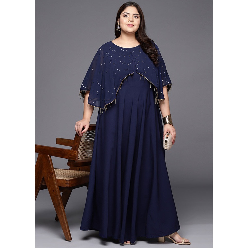 Navy Blue Polyester Indian Dress - JD986588733