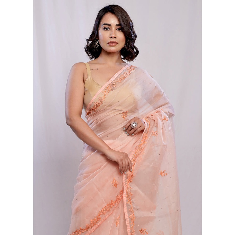 Peach Organza Saree With Blouse Piece - JD986588757