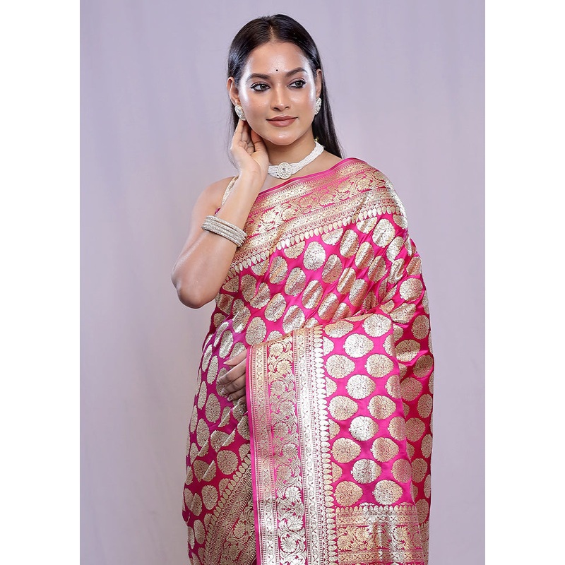 Pink Banarasi Silk Saree With Blouse Piece - JD986588670