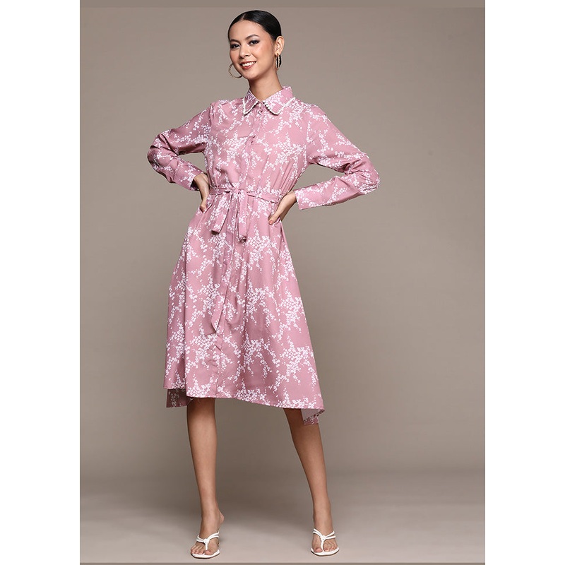 Pink Cotton Knee Length Flared Dress - JD986588687