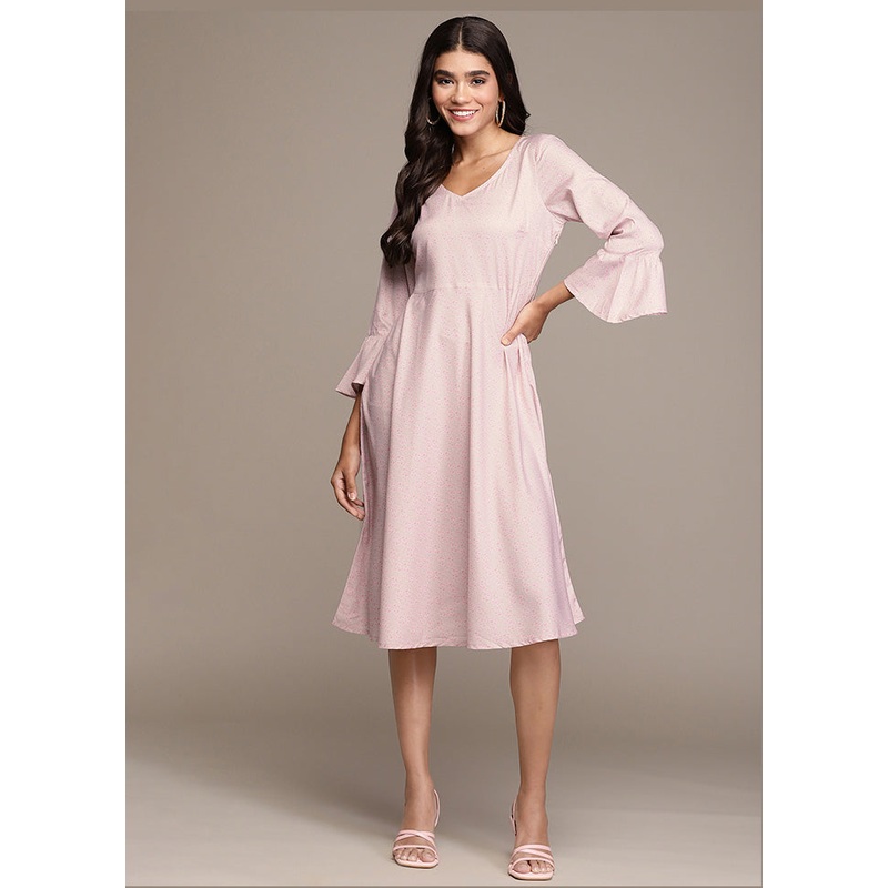 Pink Readymade Silk Knee Length Flared Dress - JD986588688