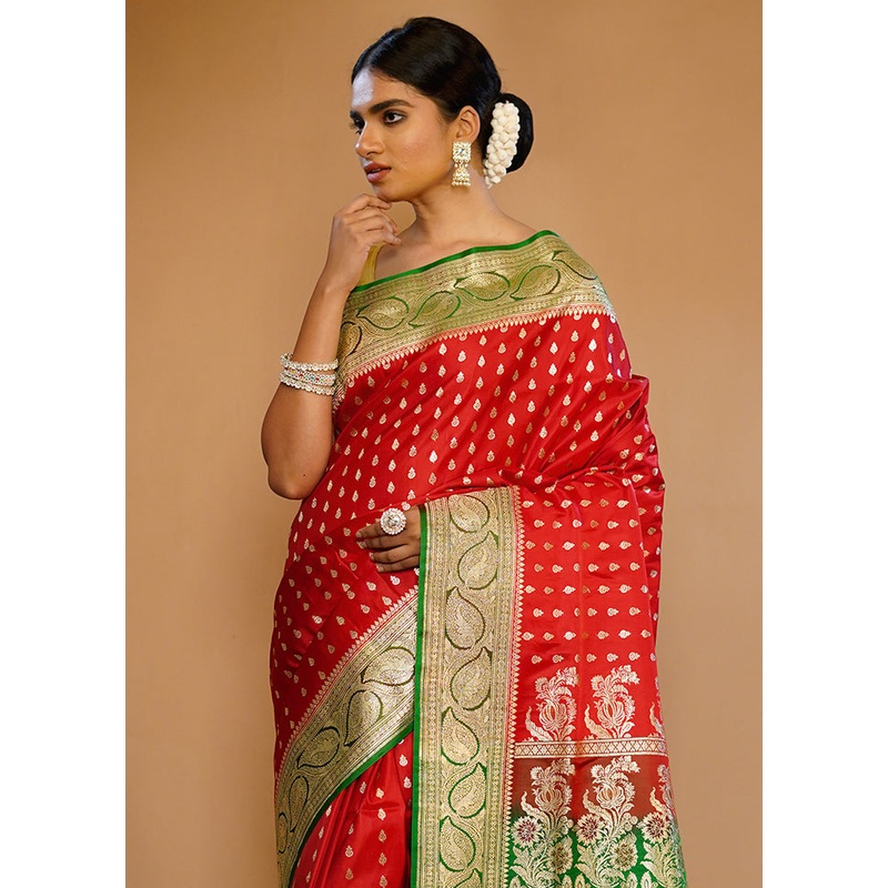 Red Banarasi Pure Silk Saree With Blouse Piece - JD986588776
