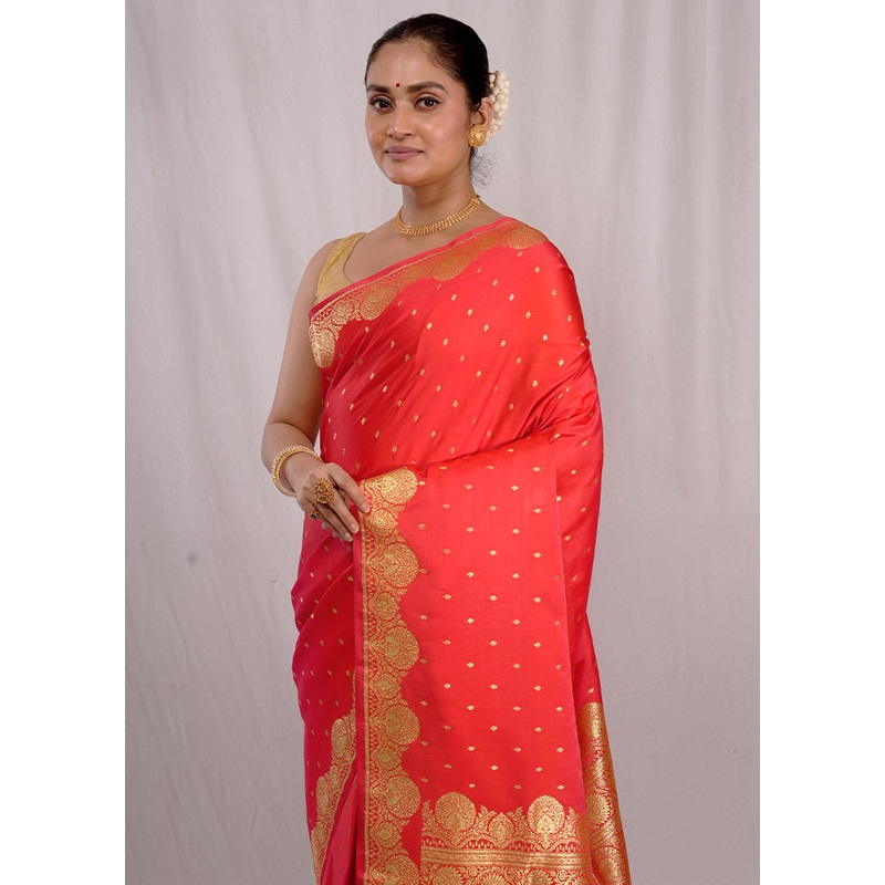 Red Banarasi Silk Saree With Blouse Piece - JD986588753