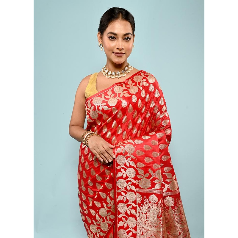 Red Banarasi Silk Saree With Blouse Piece - JD986588771