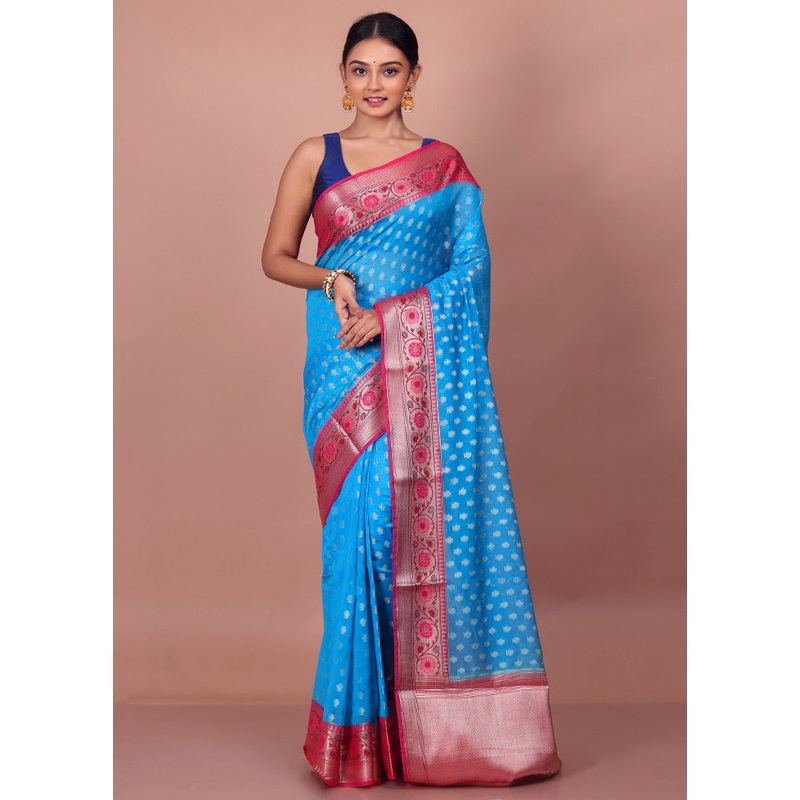Sky Blue Dupion Silk Saree With Blouse Piece - JD986588781