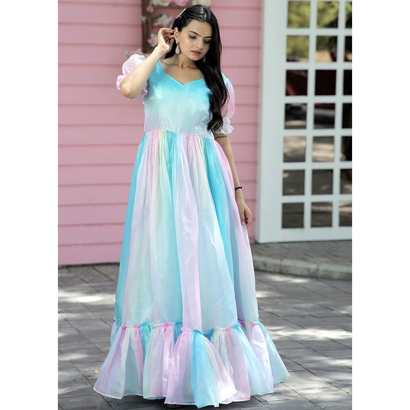 Sky Blue Printed Silk Gown - JD986588718