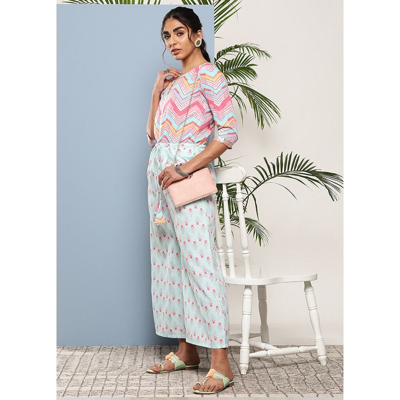 Sky Blue Silk Printed Jumpsuit Set - JD986588691