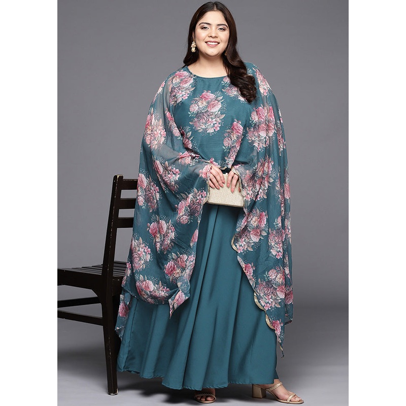 Teal Green Readymade Polyester Indian Dress - JD986588737