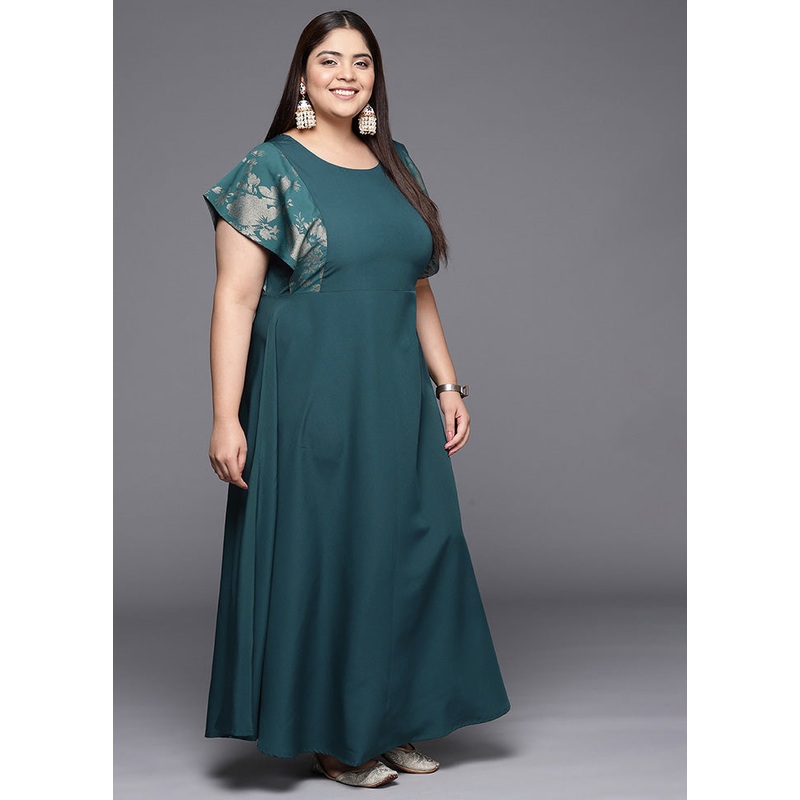 Teal Green Readymade Silk Indian Dress - JD986588739