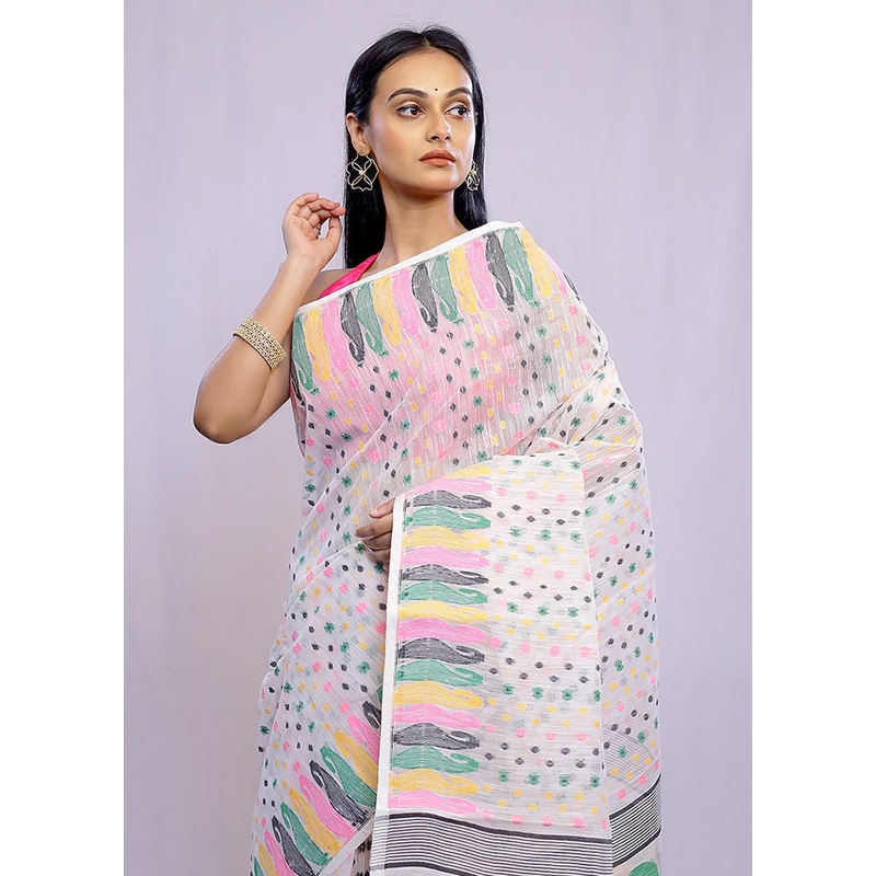 White Tant Jamdani  Saree Without Blouse Piece - JD986588750