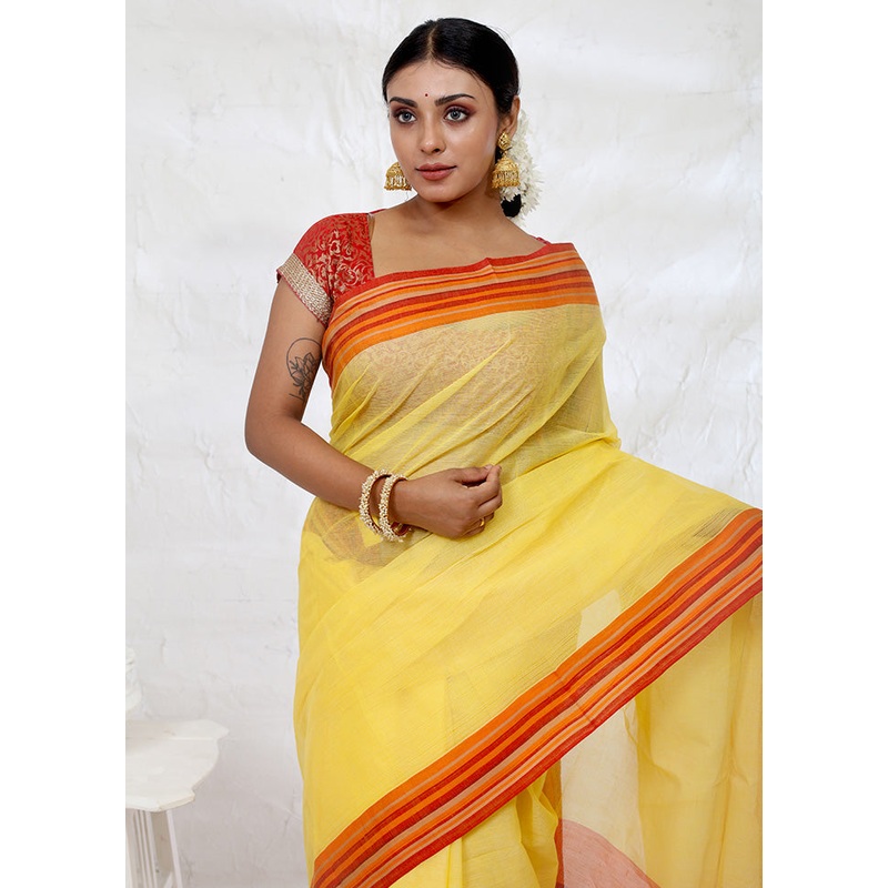 Yellow Cotton Saree With Blouse Piece - JD986588787